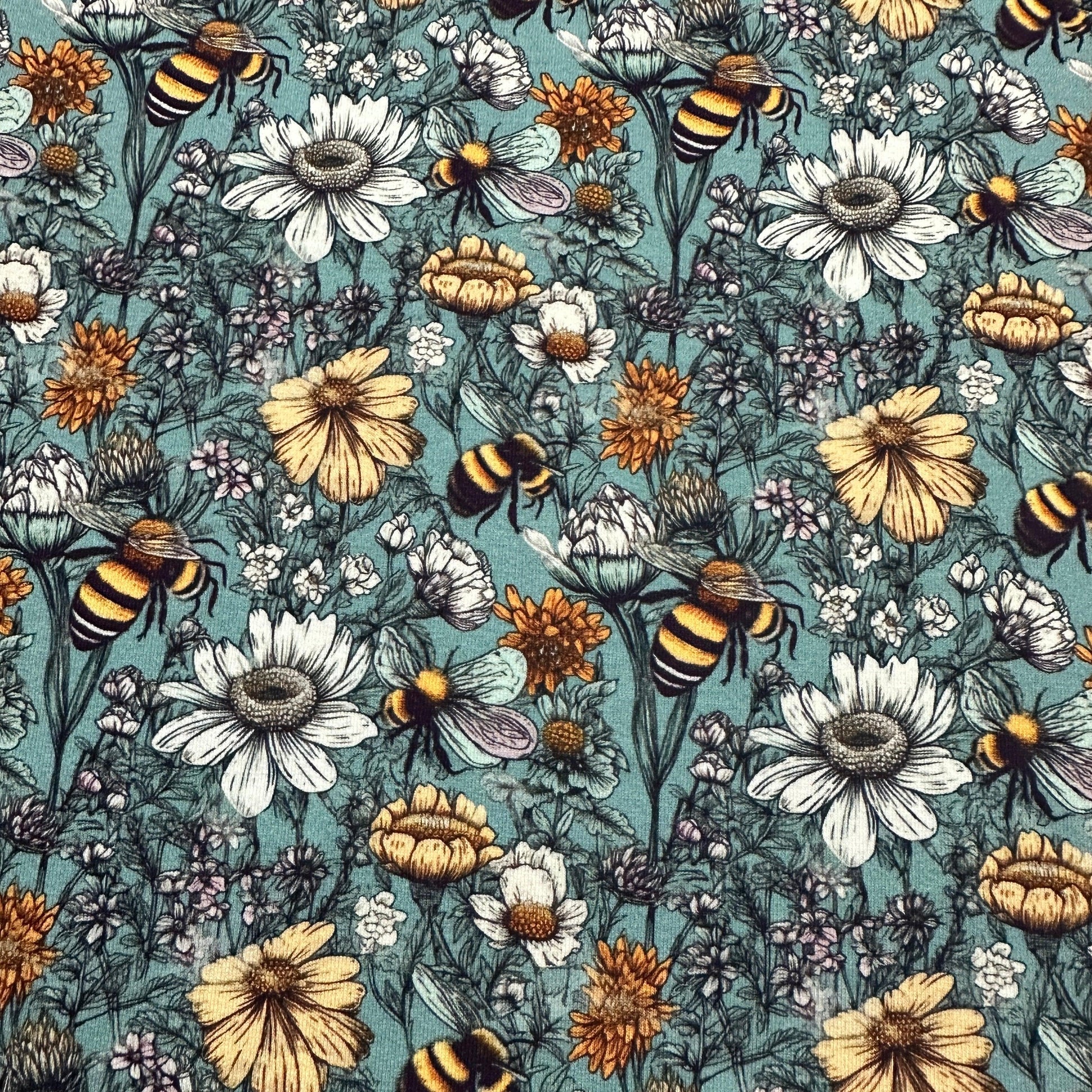 Pen and Ink Bee Garden on Bamboo Stretch French Terry Fabric - Nature's Fabrics