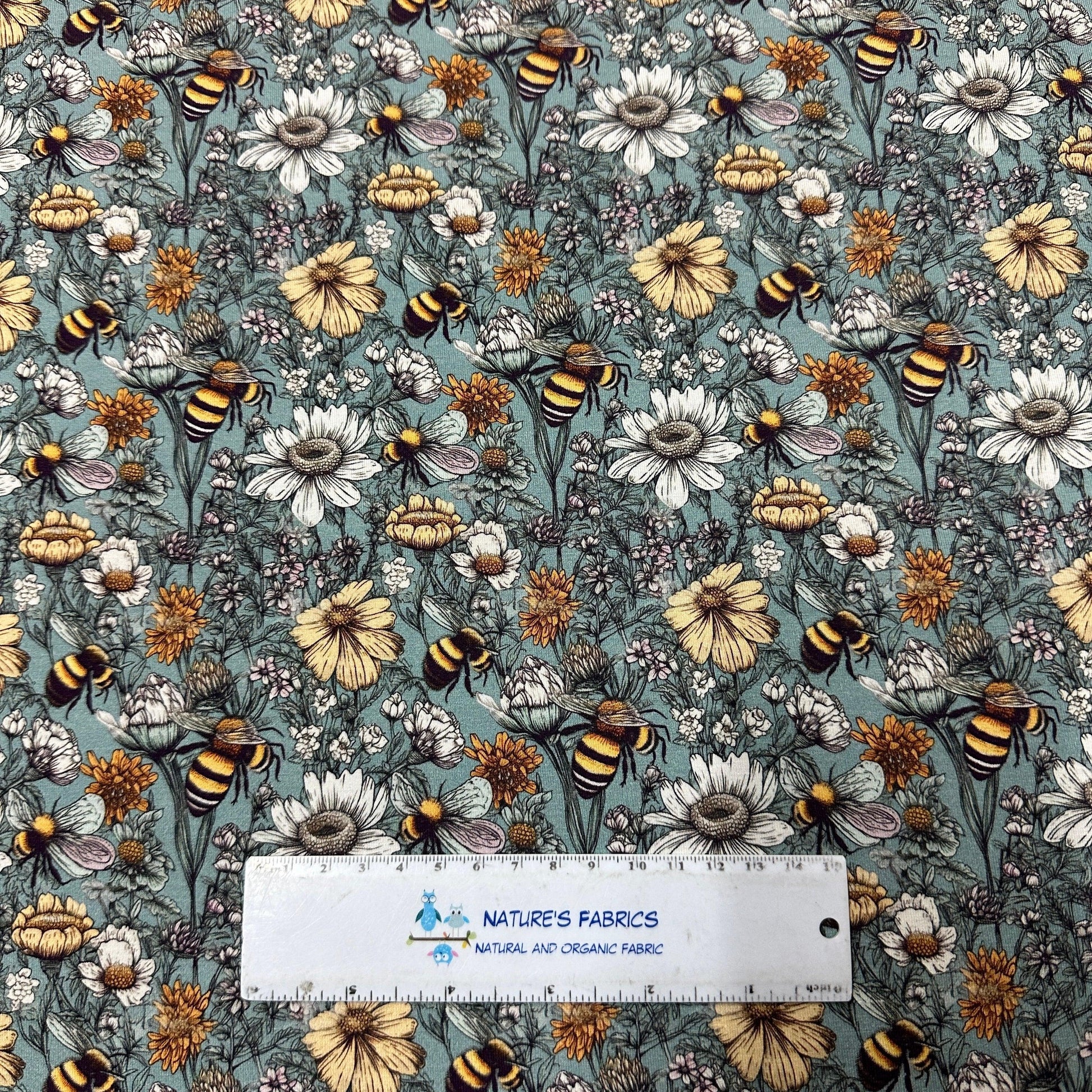 Pen and Ink Bee Garden on Bamboo/Spandex Jersey Fabric - Nature's Fabrics