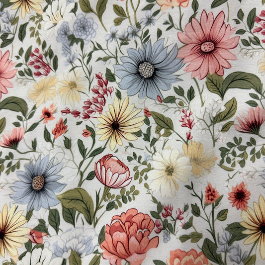 Pink and Blue Daisies on Bamboo/Spandex Jersey Fabric - Nature's Fabrics