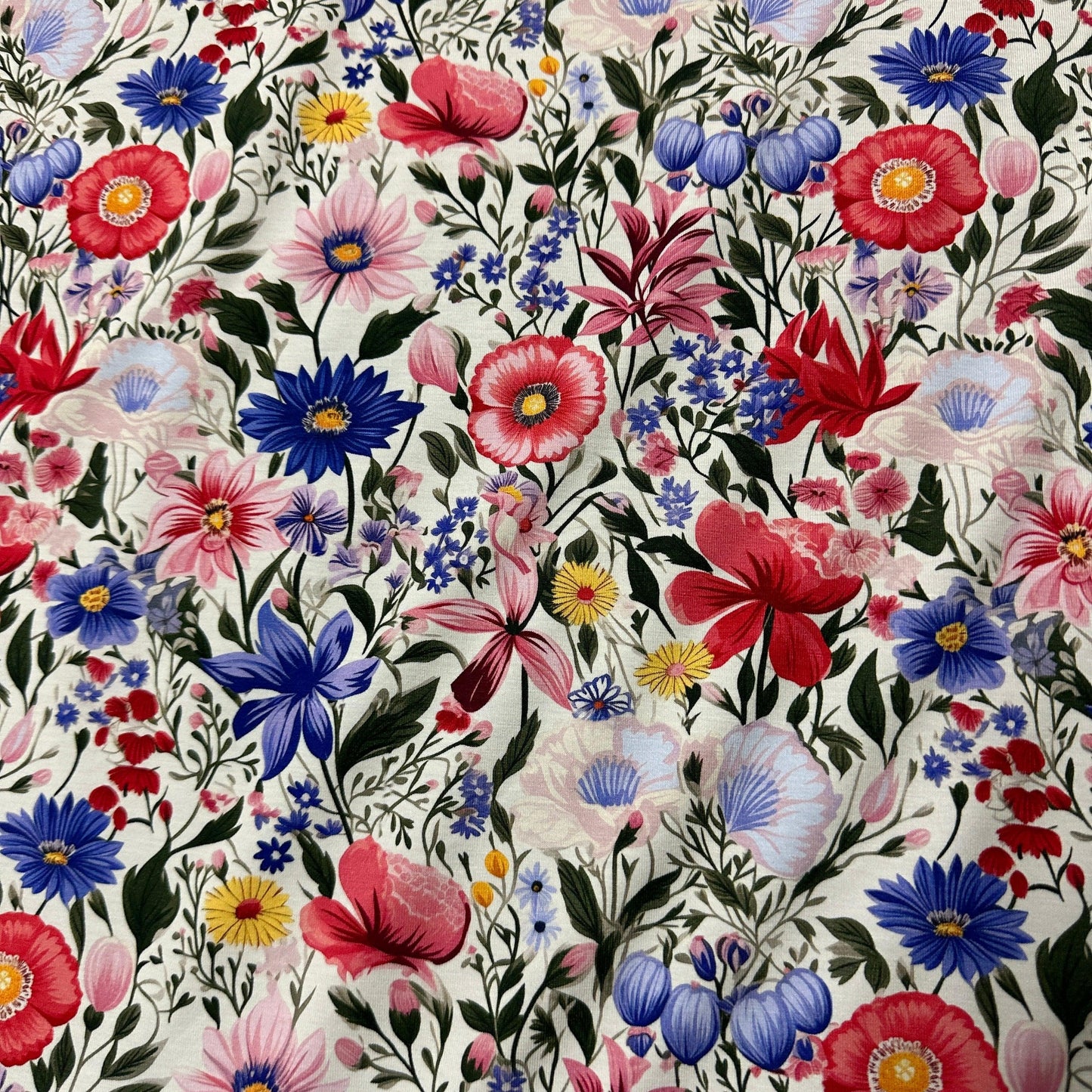 Pink and Blue Flowers on Ivory Bamboo/Spandex Jersey Fabric - Nature's Fabrics