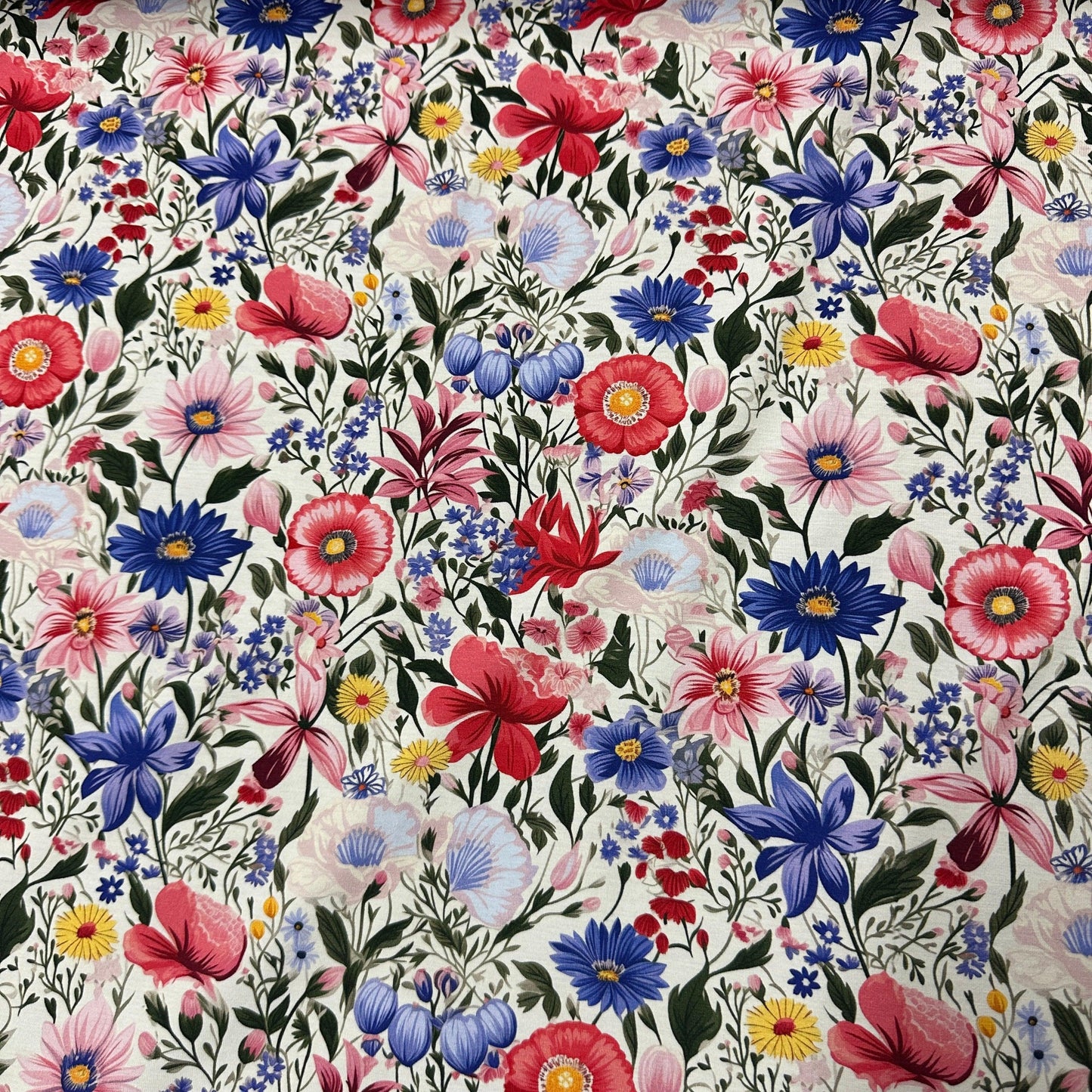 Pink and Blue Flowers on Ivory Bamboo/Spandex Jersey Fabric - Nature's Fabrics