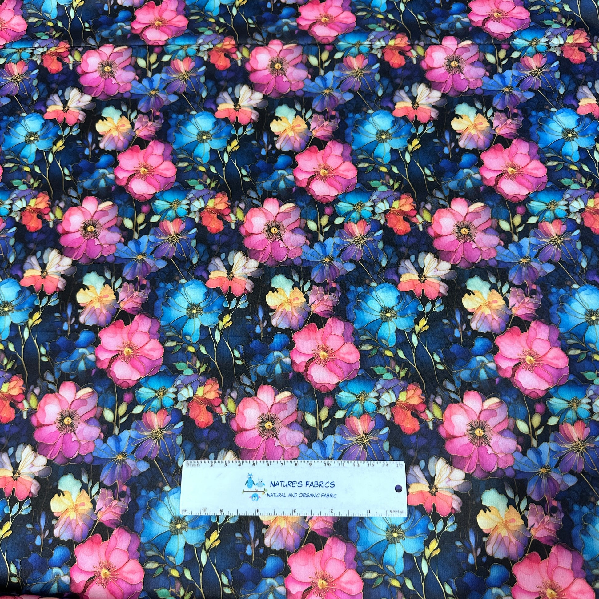 Pink and Blue Wild Roses 1 mil PUL Fabric - Made in the USA - Nature's Fabrics