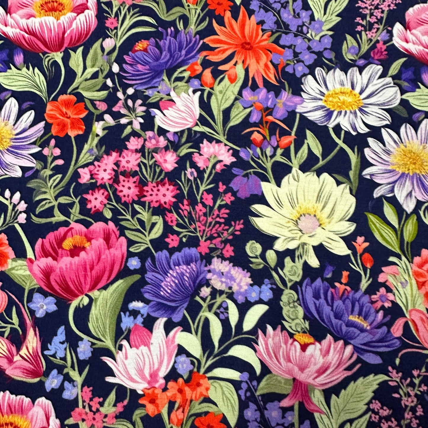 Pink and Purple Flowers on Organic Cotton/Spandex Jersey Fabric - Nature's Fabrics