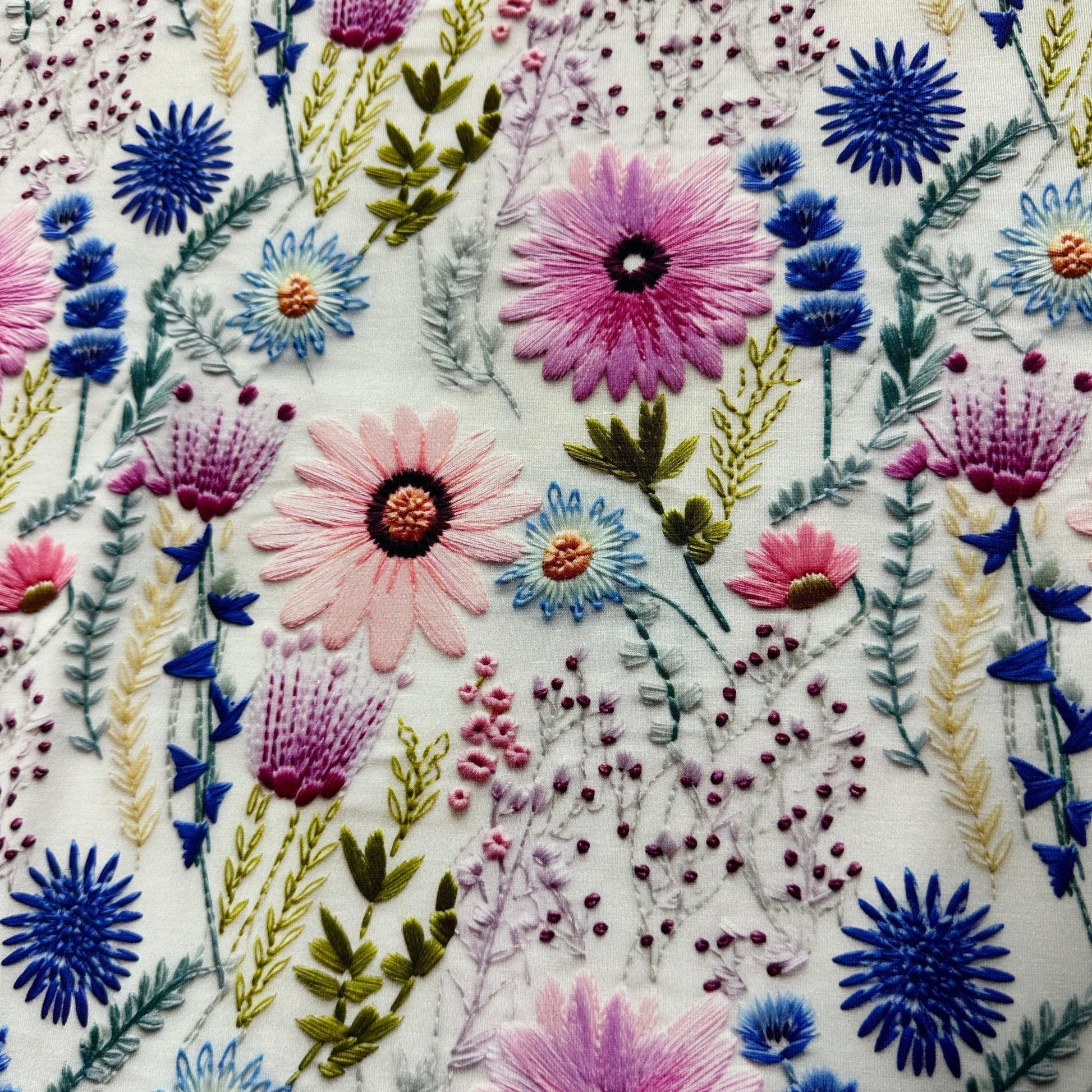 Pink Embroidered Daisies on Bamboo Stretch French Terry Fabric - Nature's Fabrics