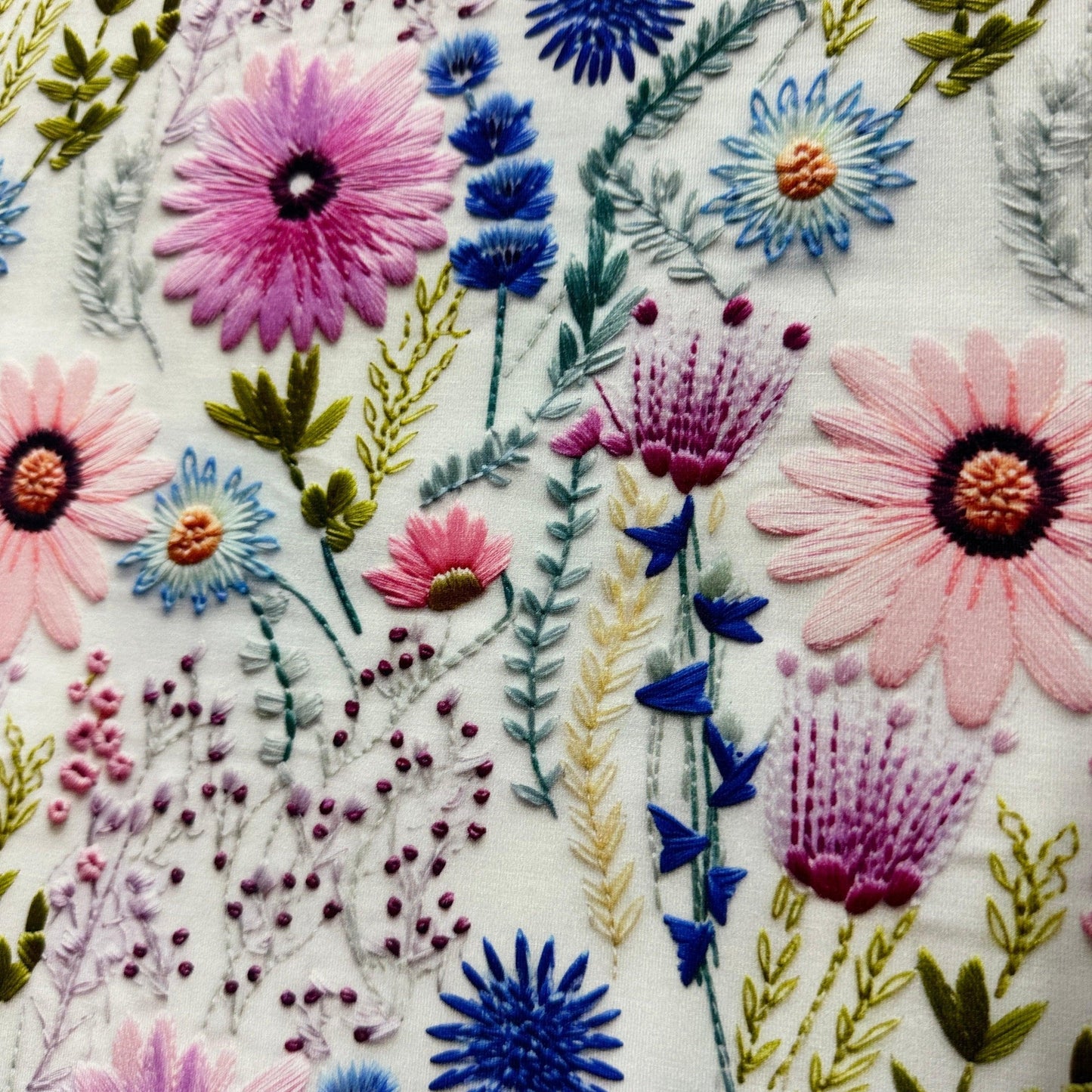 Pink Embroidered Daisies on Bamboo Stretch French Terry Fabric - Nature's Fabrics