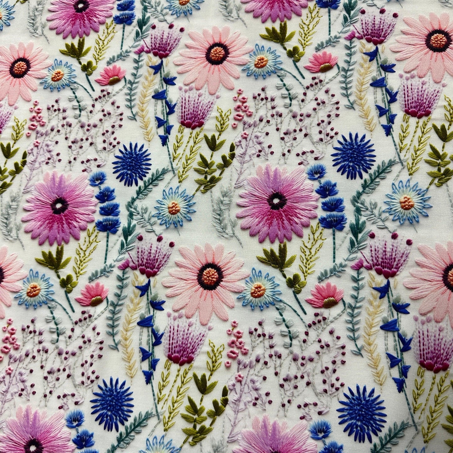Pink Embroidered Daisies on Bamboo Stretch French Terry Fabric - Nature's Fabrics