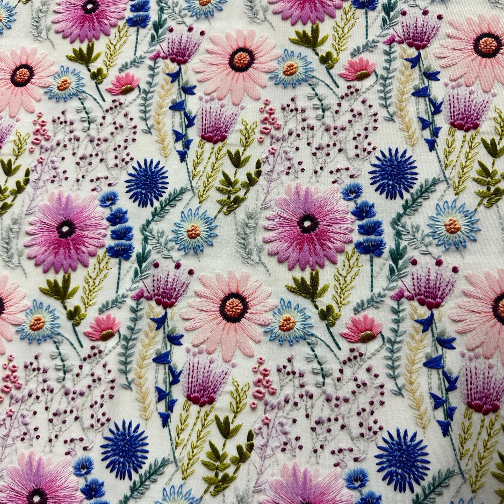 Pink Embroidered Daisies on Bamboo Stretch French Terry Fabric - Nature's Fabrics