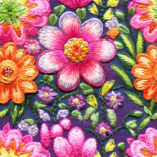 Pink Embroidered Floral on Bamboo/Spandex Jersey Fabric by Nartures Fabrics