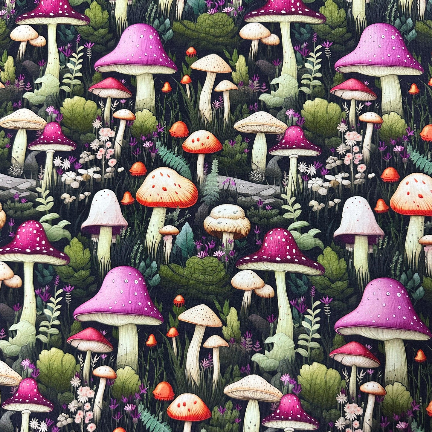 Pink Mushrooms on Bamboo/Spandex Jersey Fabric - Nature's Fabrics
