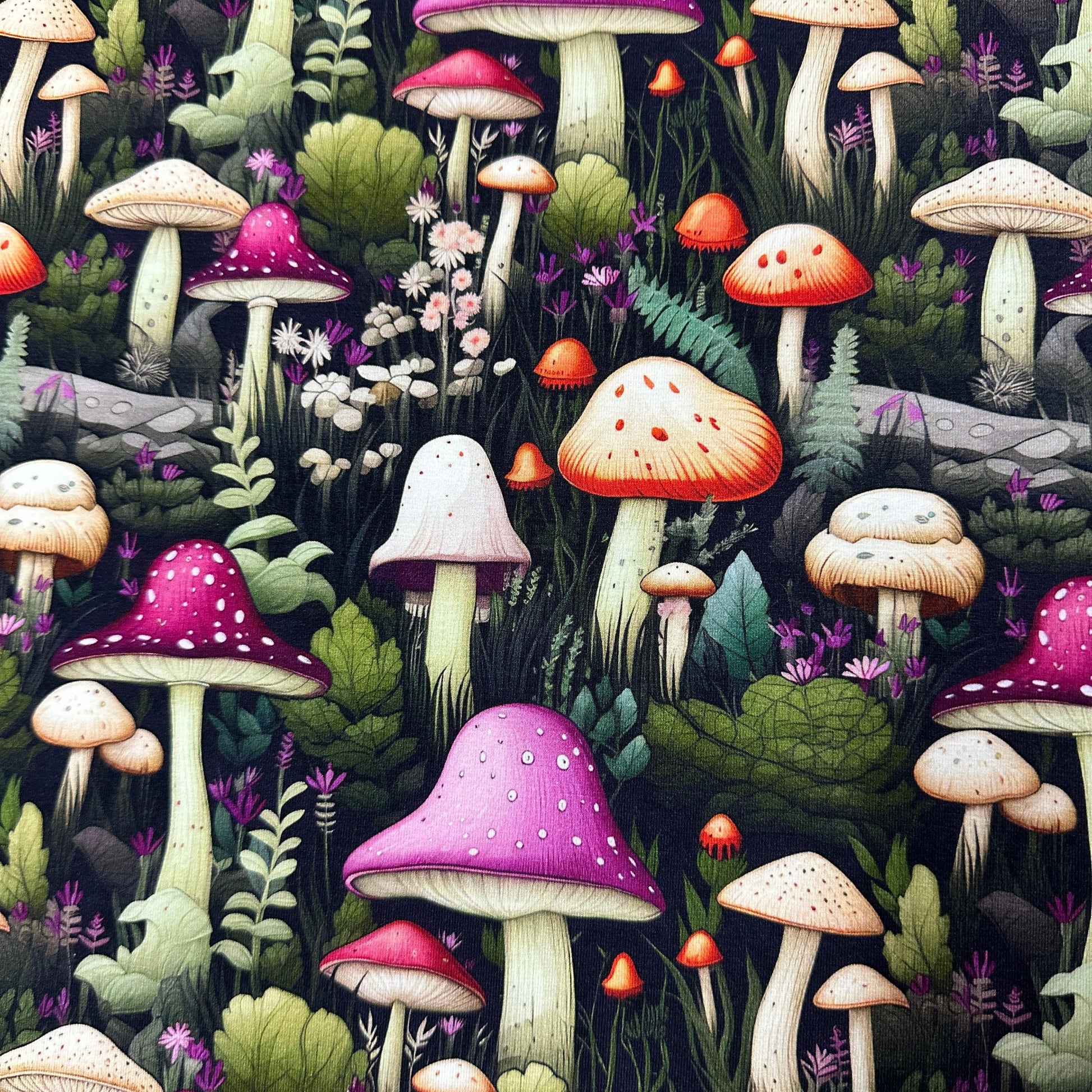 Pink Mushrooms on Bamboo/Spandex Jersey Fabric - Nature's Fabrics
