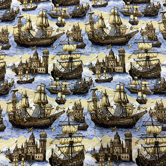 Pirate Ships on Bamboo/Spandex Jersey Fabric - Nature's Fabrics