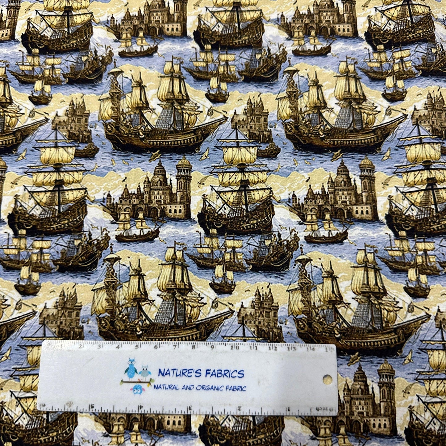 Pirate Ships on Bamboo/Spandex Jersey Fabric - Nature's Fabrics