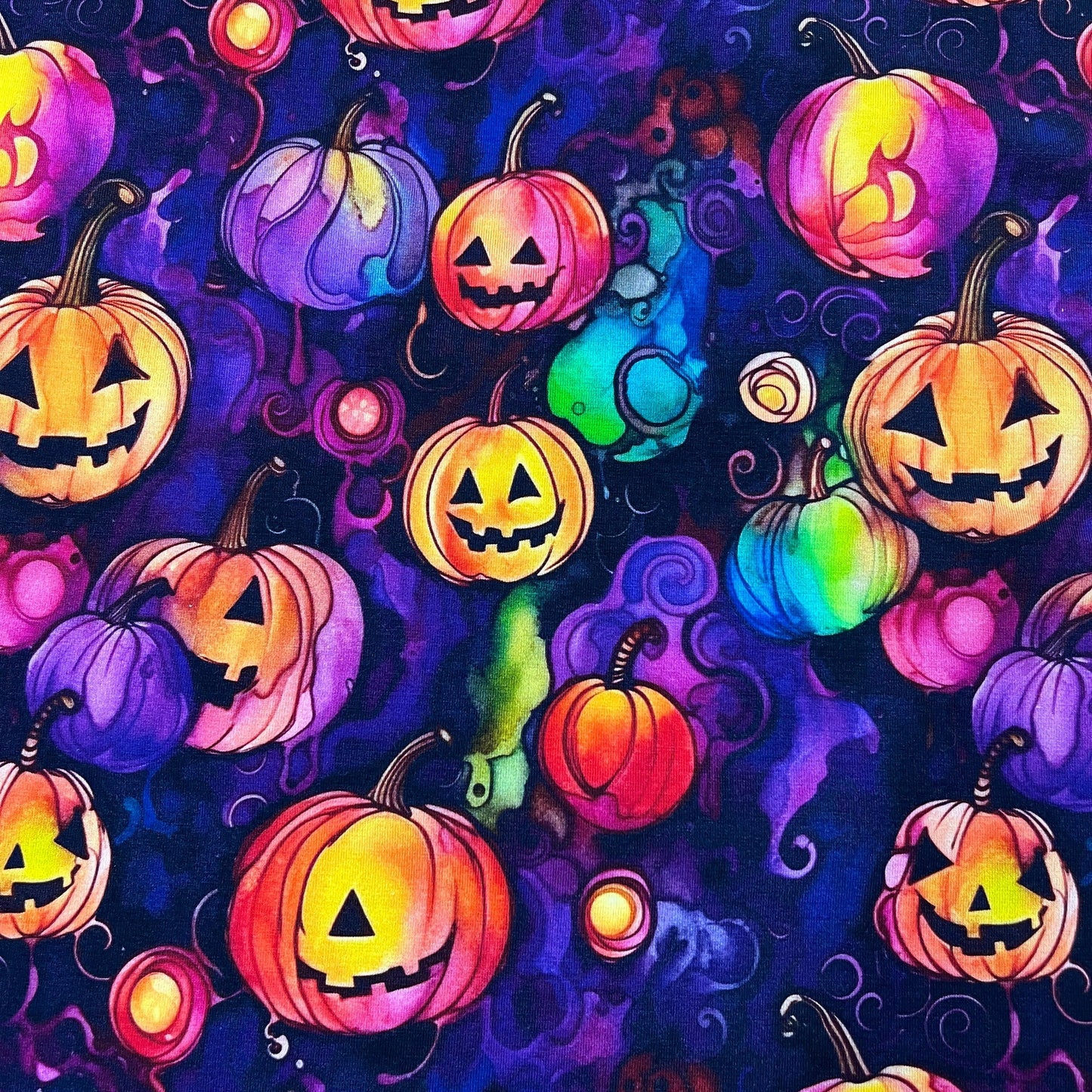 Pumpkins on Purple Bamboo/Spandex Jersey Fabric - Nature's Fabrics