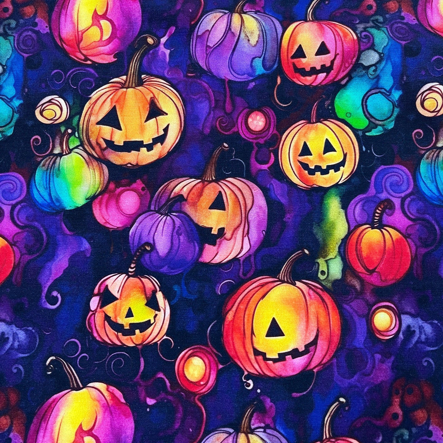 Pumpkins on Purple Bamboo/Spandex Jersey Fabric - Nature's Fabrics