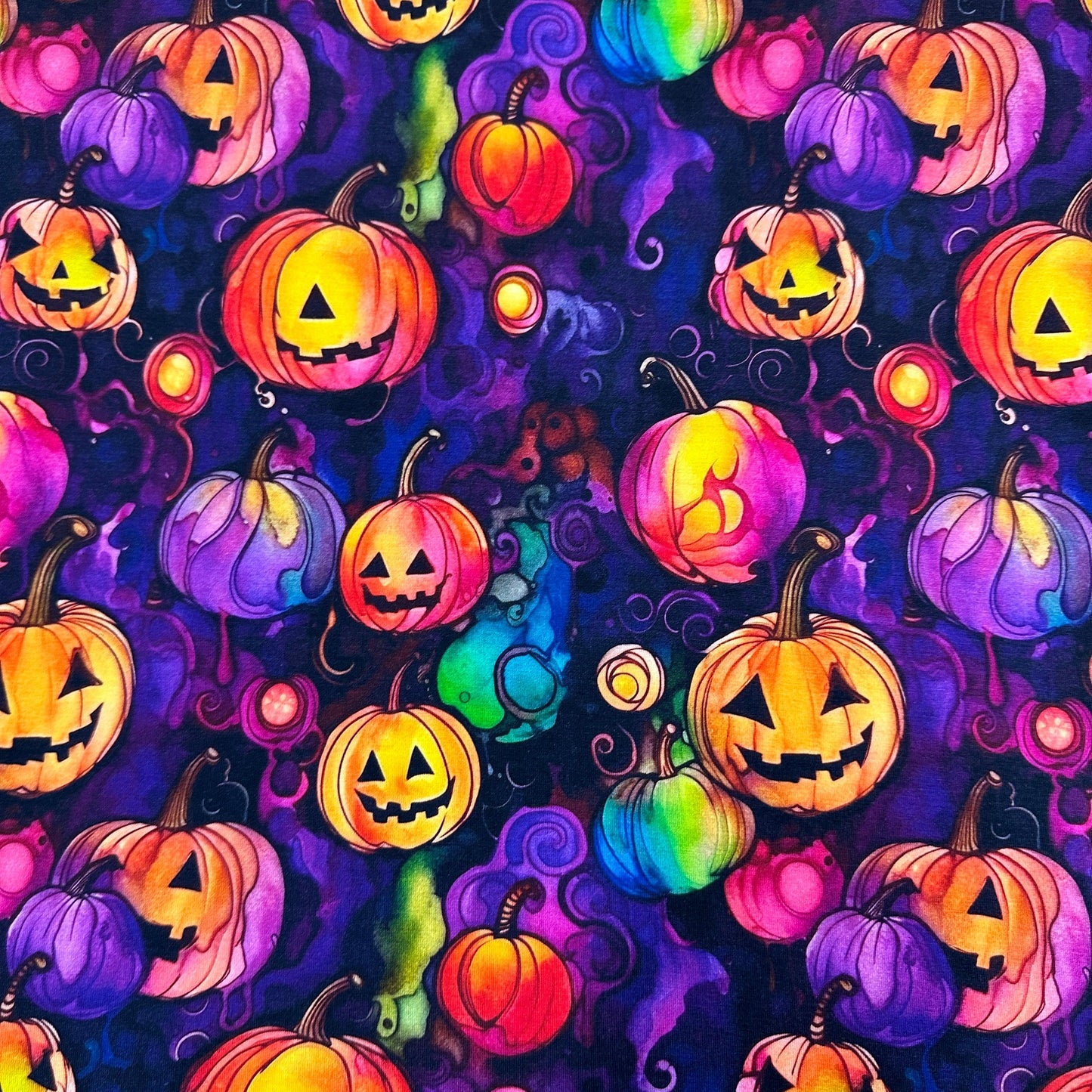 Pumpkins on Purple Bamboo/Spandex Jersey Fabric - Nature's Fabrics