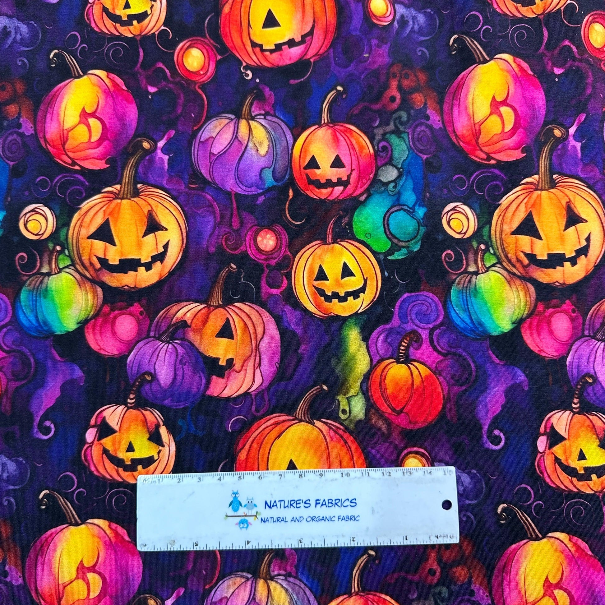 Pumpkins on Purple Bamboo/Spandex Jersey Fabric - Nature's Fabrics