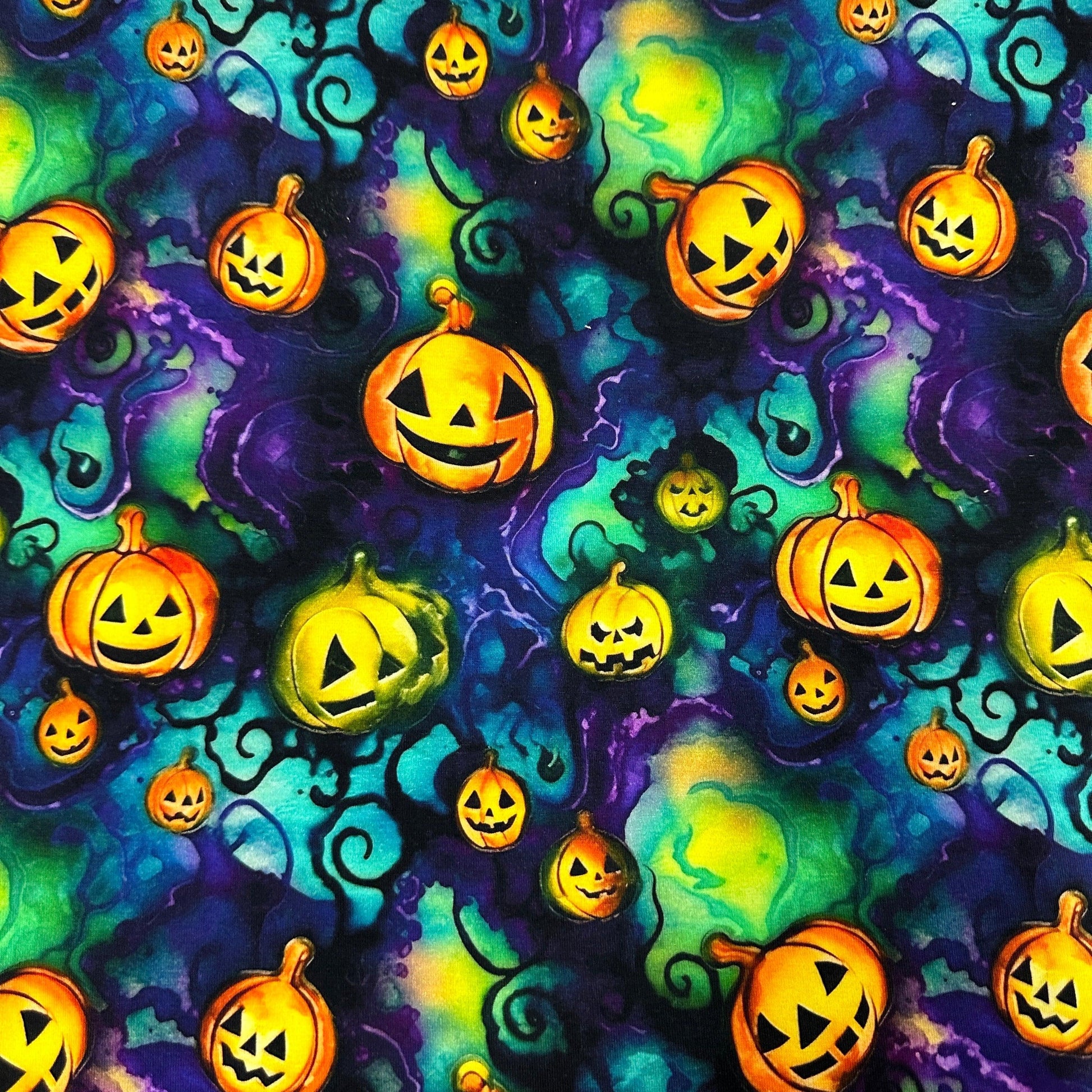 Pumpkins on Turquoise Organic Cotton/Spandex Jersey Fabric - Nature's Fabrics
