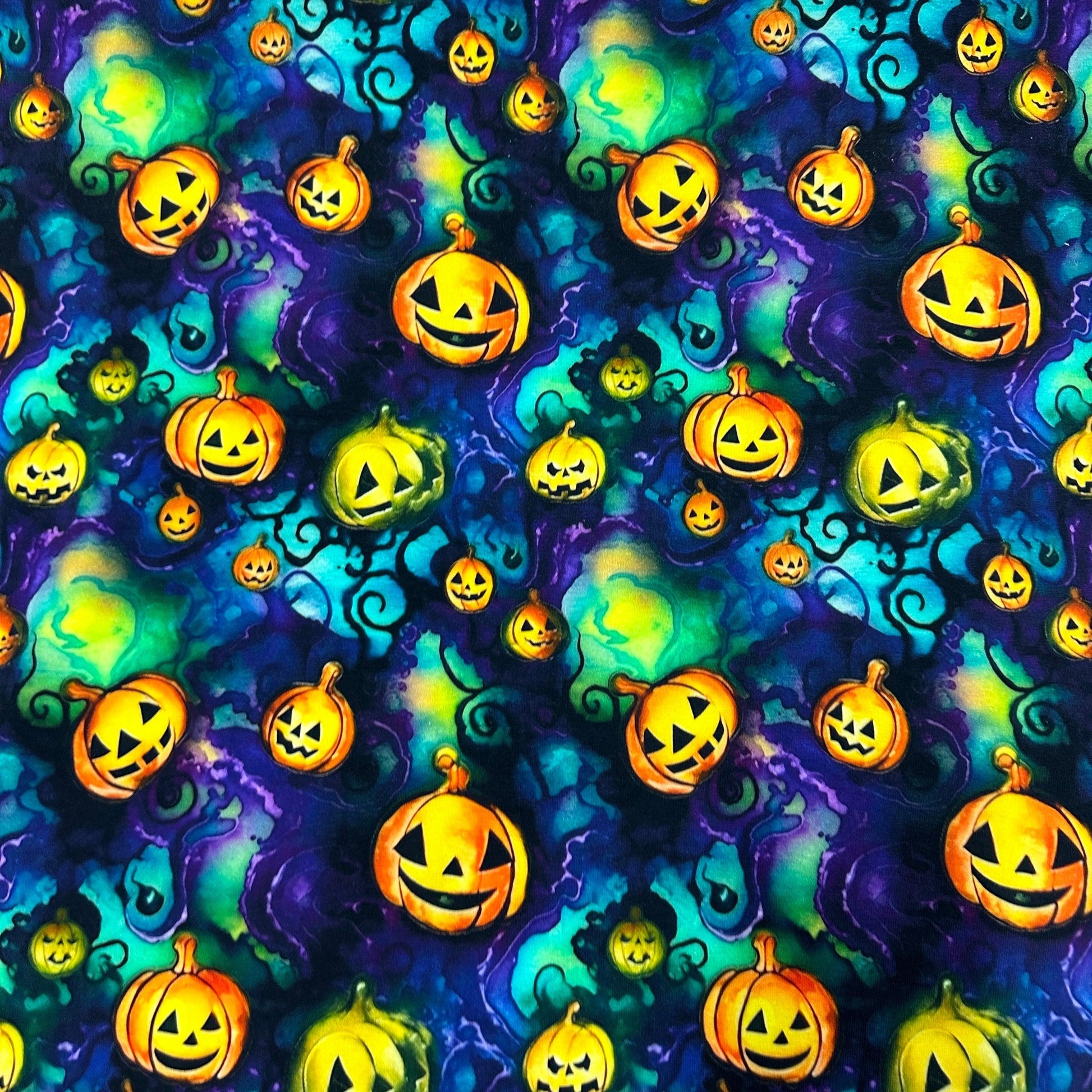 Pumpkins on Turquoise Organic Cotton/Spandex Jersey Fabric - Nature's Fabrics