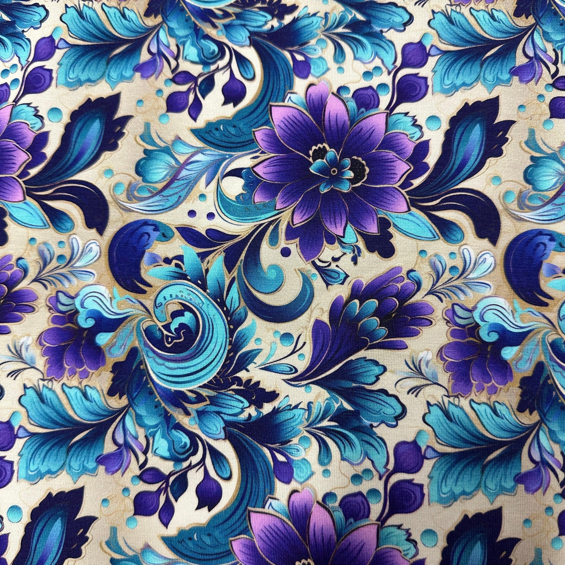 Purple and Aqua Floral on Cream Bamboo/Spandex Jersey Fabric - Nature's Fabrics