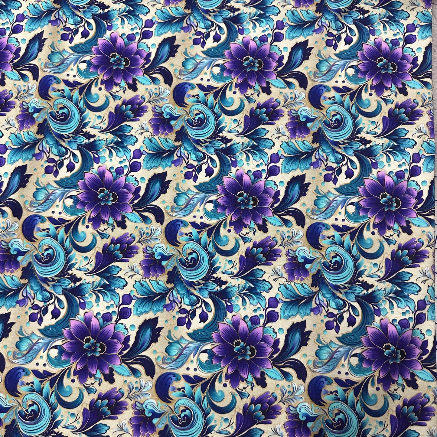 Purple and Aqua Floral on Cream Bamboo/Spandex Jersey Fabric - Nature's Fabrics