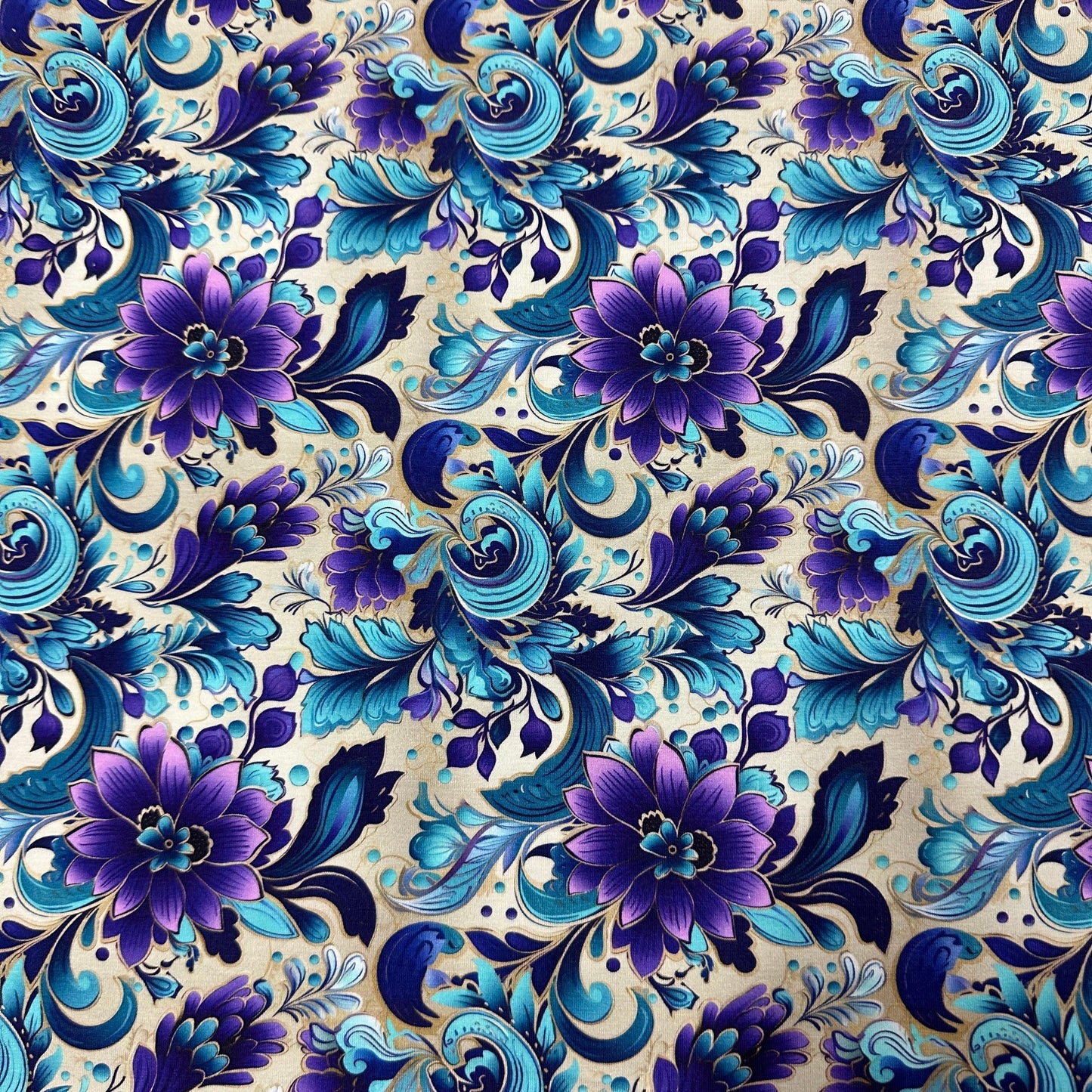 Purple and Aqua Floral on Cream Bamboo/Spandex Jersey Fabric - Nature's Fabrics