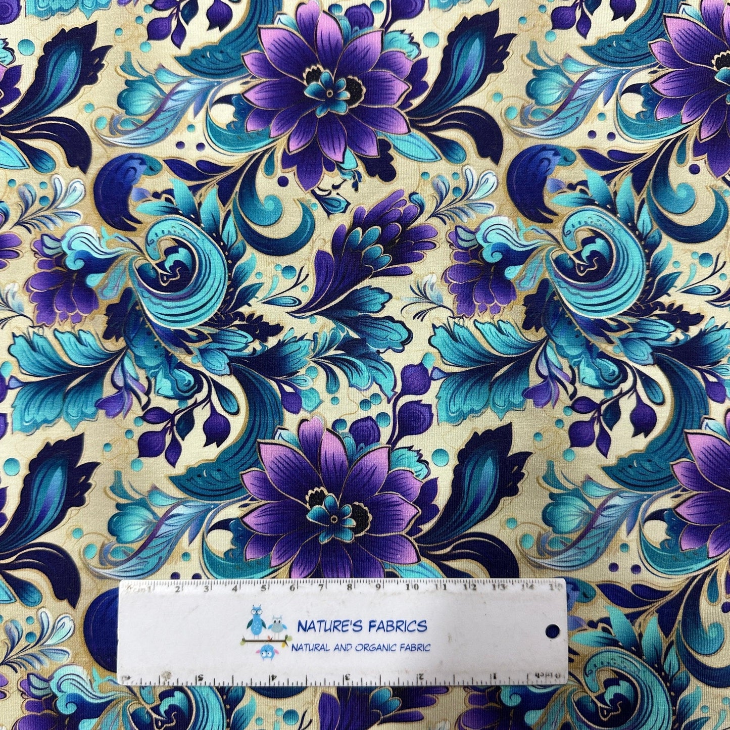 Purple and Aqua Floral on Cream Bamboo/Spandex Jersey Fabric - Nature's Fabrics