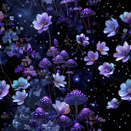 Purple Starry Mushroom Garden on Bamboo Stretch French Terry Fabric - Nature's Fabrics