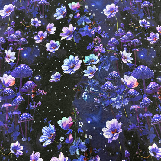 Purple Starry Mushroom Garden on Bamboo/Spandex Jersey Fabric - Nature's Fabrics