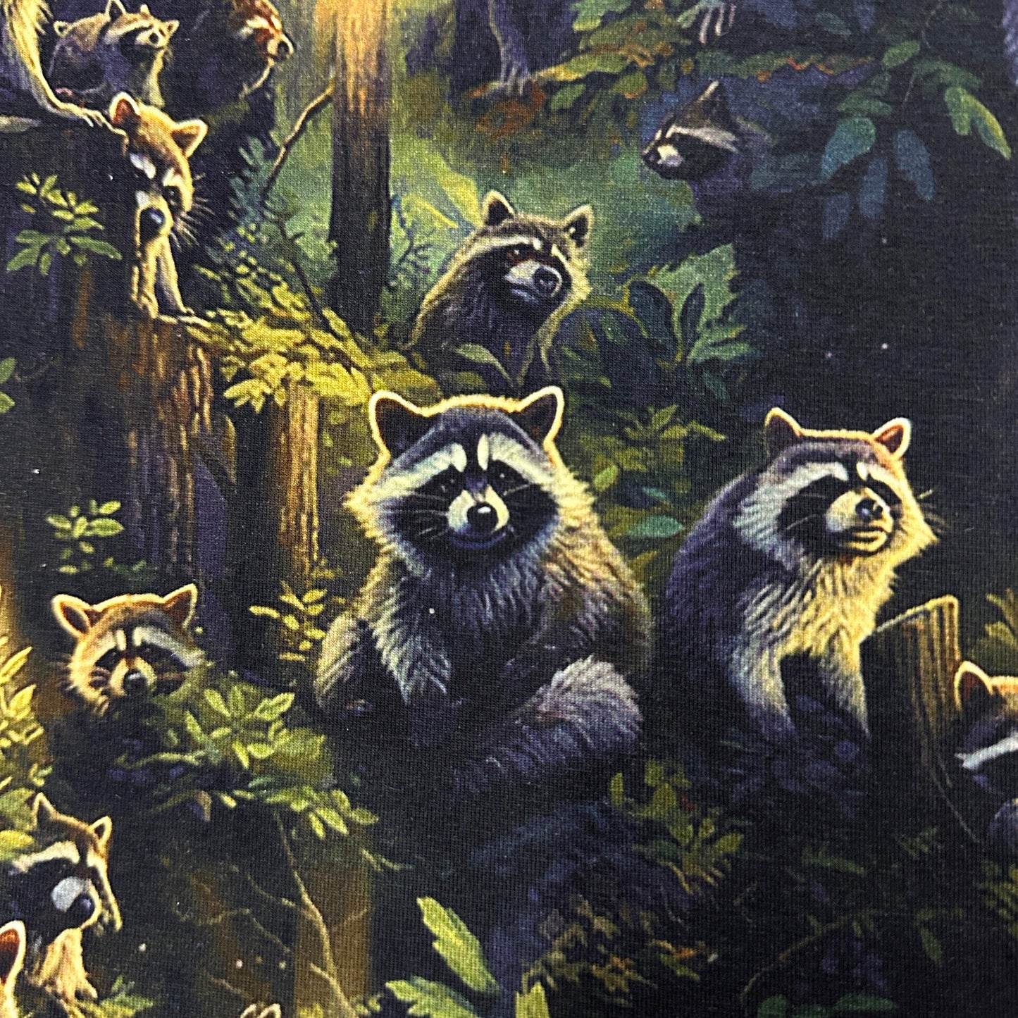 Raccoons on Organic Cotton/Spandex Jersey Fabric - Nature's Fabrics