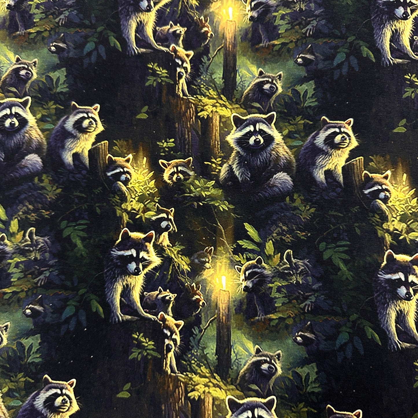 Raccoons on Organic Cotton/Spandex Jersey Fabric - Nature's Fabrics