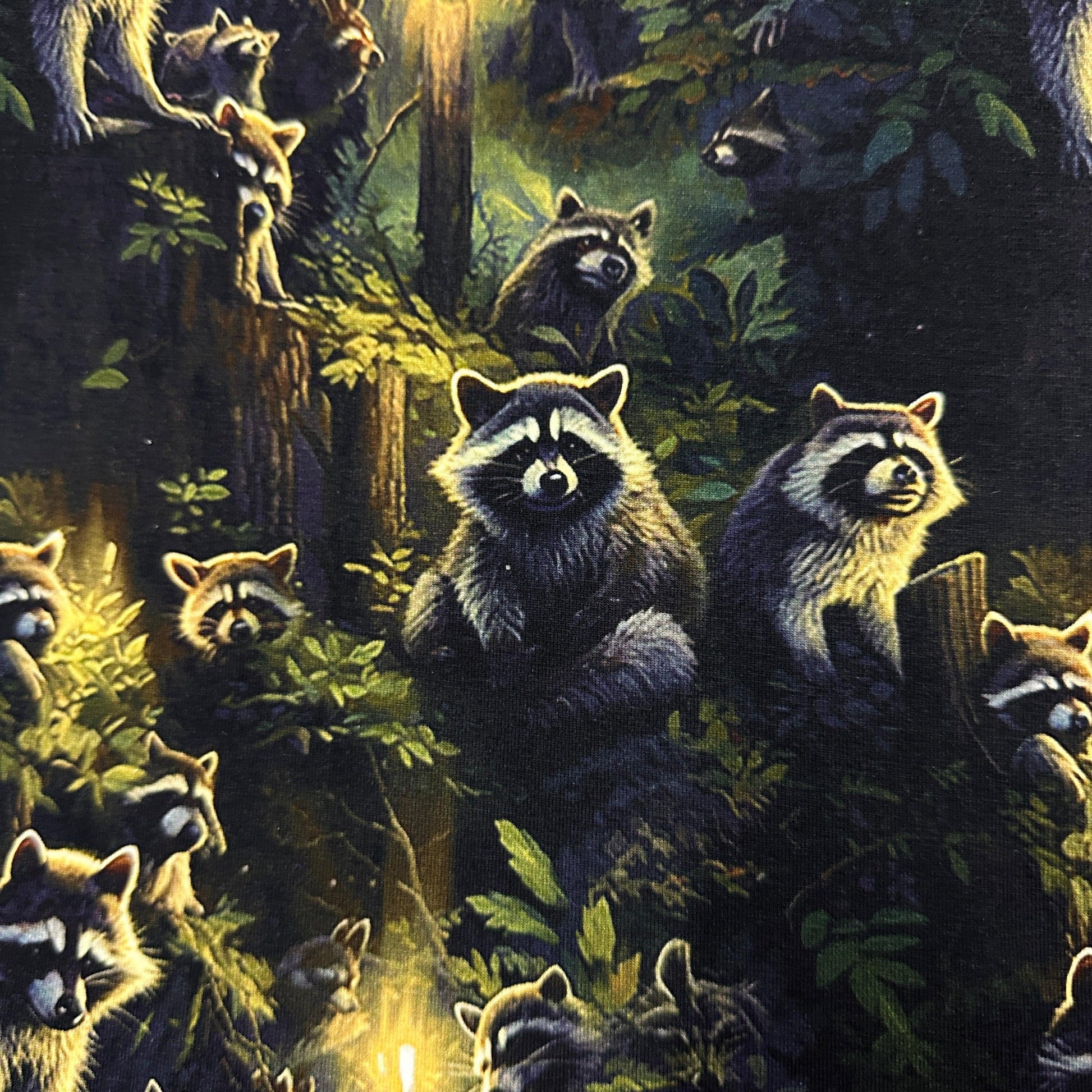 Raccoons on Organic Cotton/Spandex Jersey Fabric - Nature's Fabrics