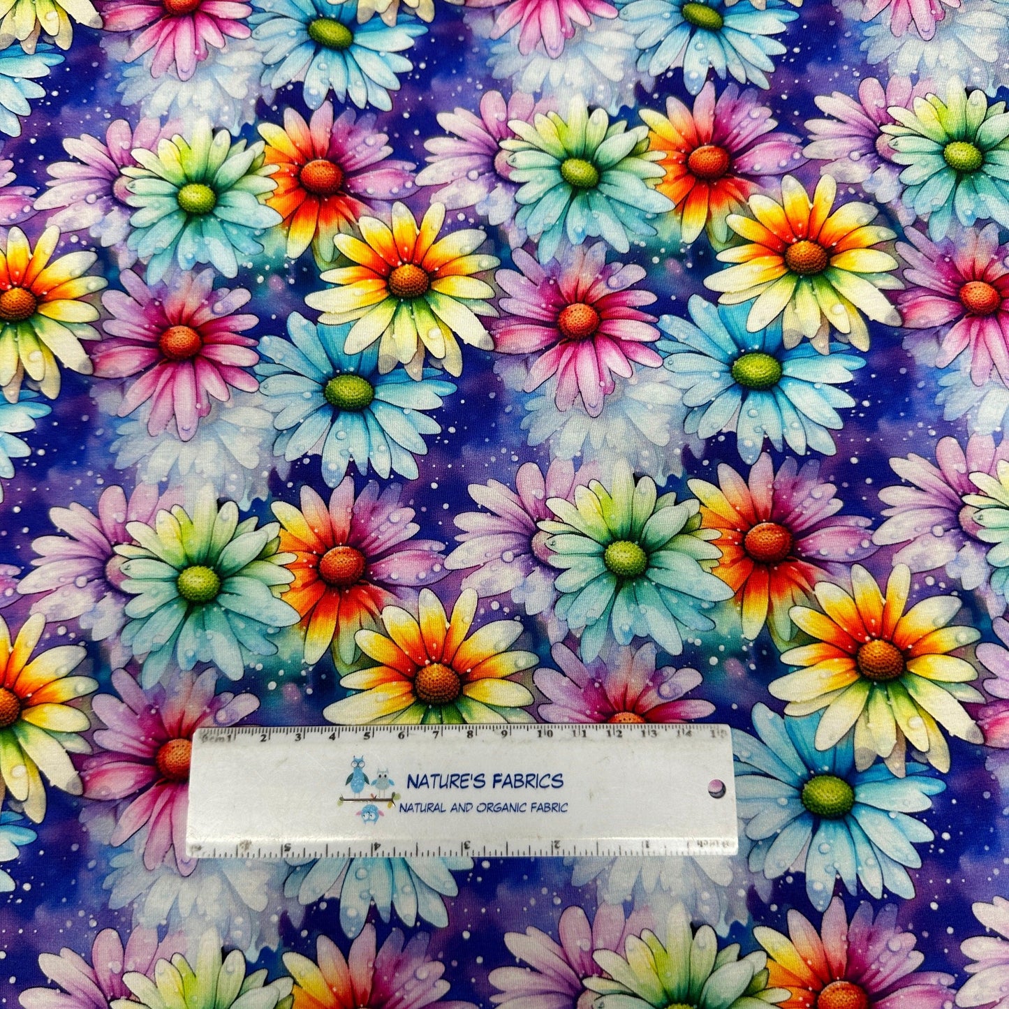 Rainbow Daisies on Bamboo/Spandex Jersey Fabric - Nature's Fabrics