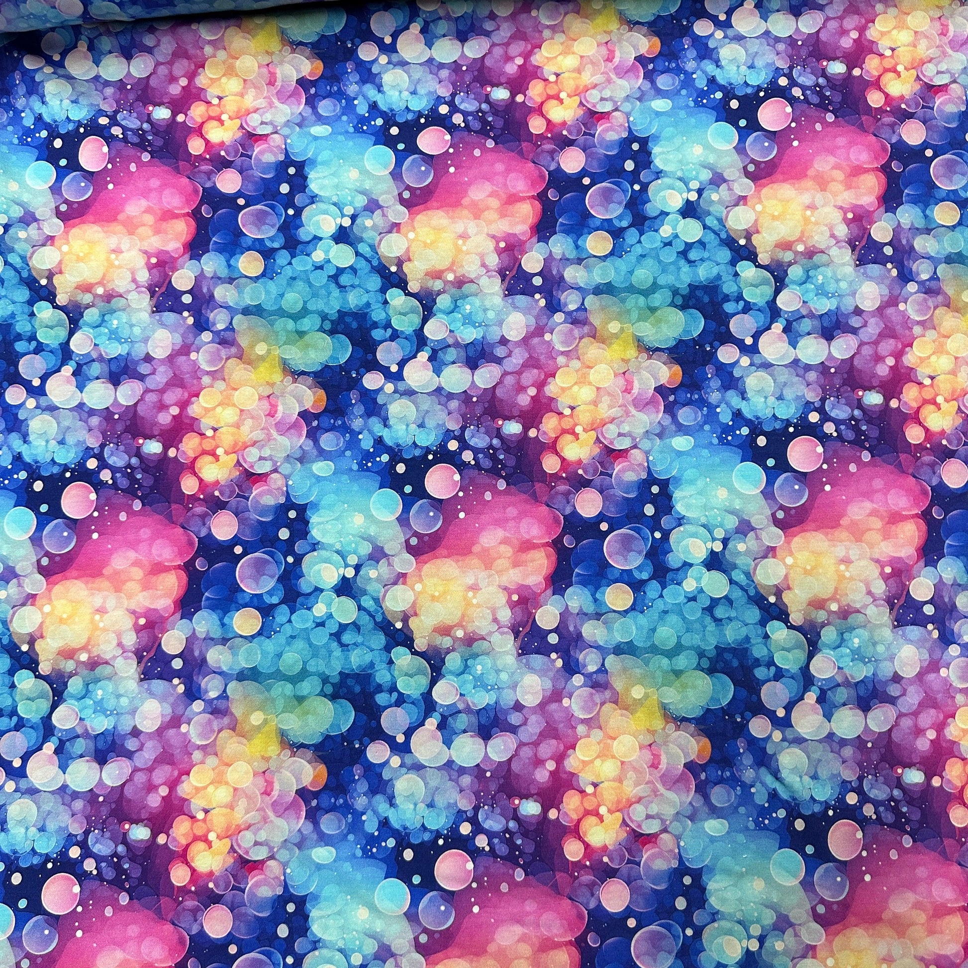 Rainbow Iridescent Bubbles on Bamboo/Spandex Jersey Fabric - Nature's Fabrics