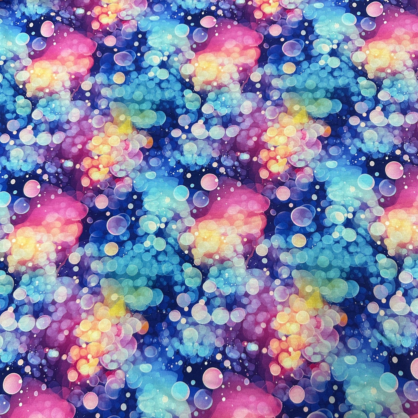 Rainbow Iridescent Bubbles on Bamboo/Spandex Jersey Fabric - Nature's Fabrics