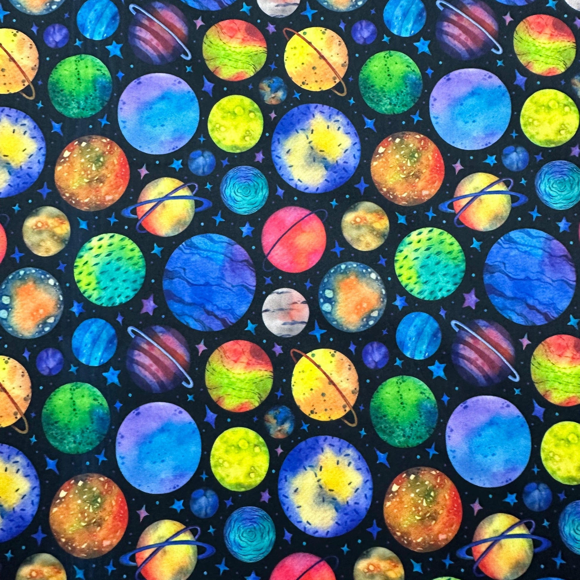 Rainbow Planets on Black 1 mil PUL Fabric - Made in the USA - Nature's Fabrics
