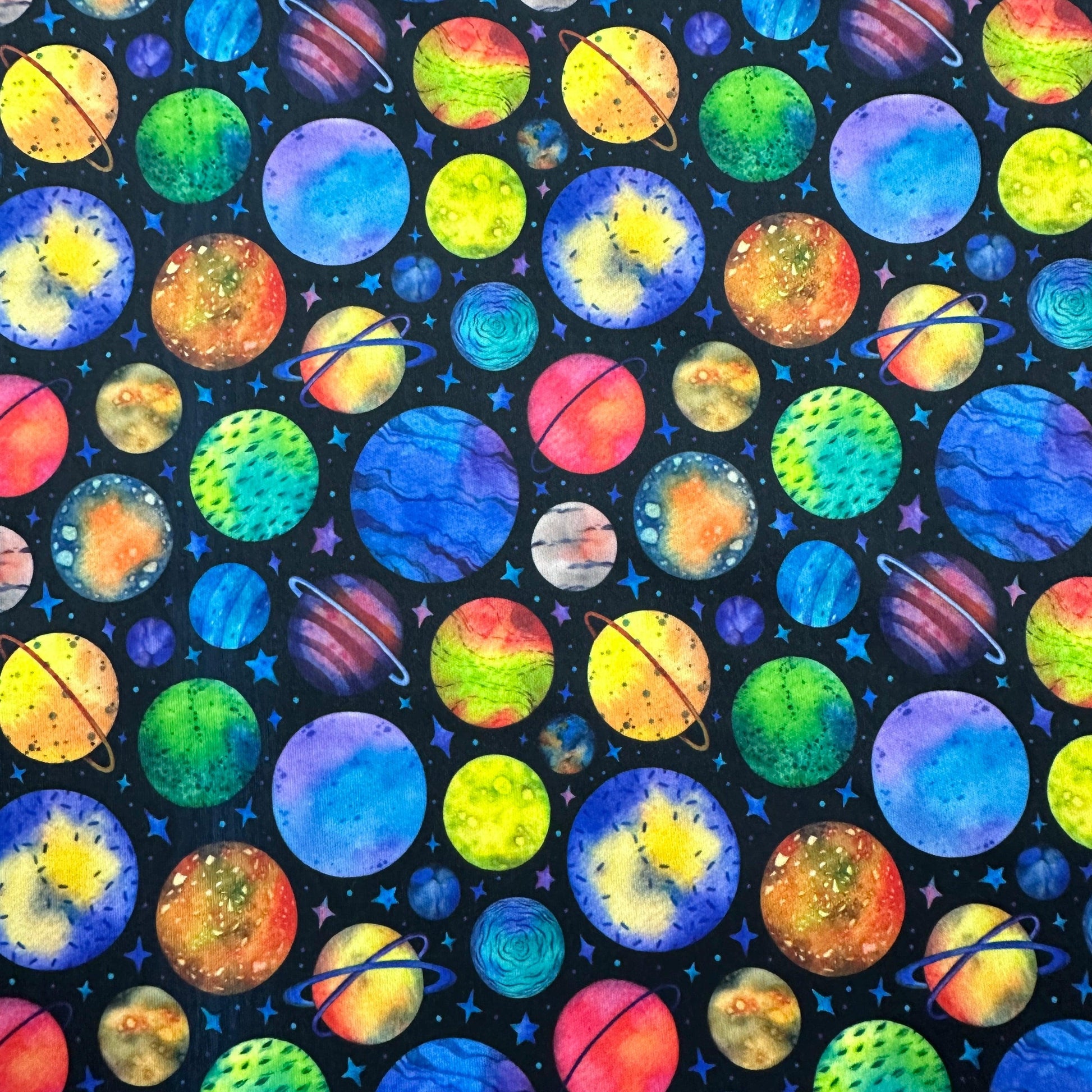 Rainbow Planets on Black 1 mil PUL Fabric - Made in the USA - Nature's Fabrics
