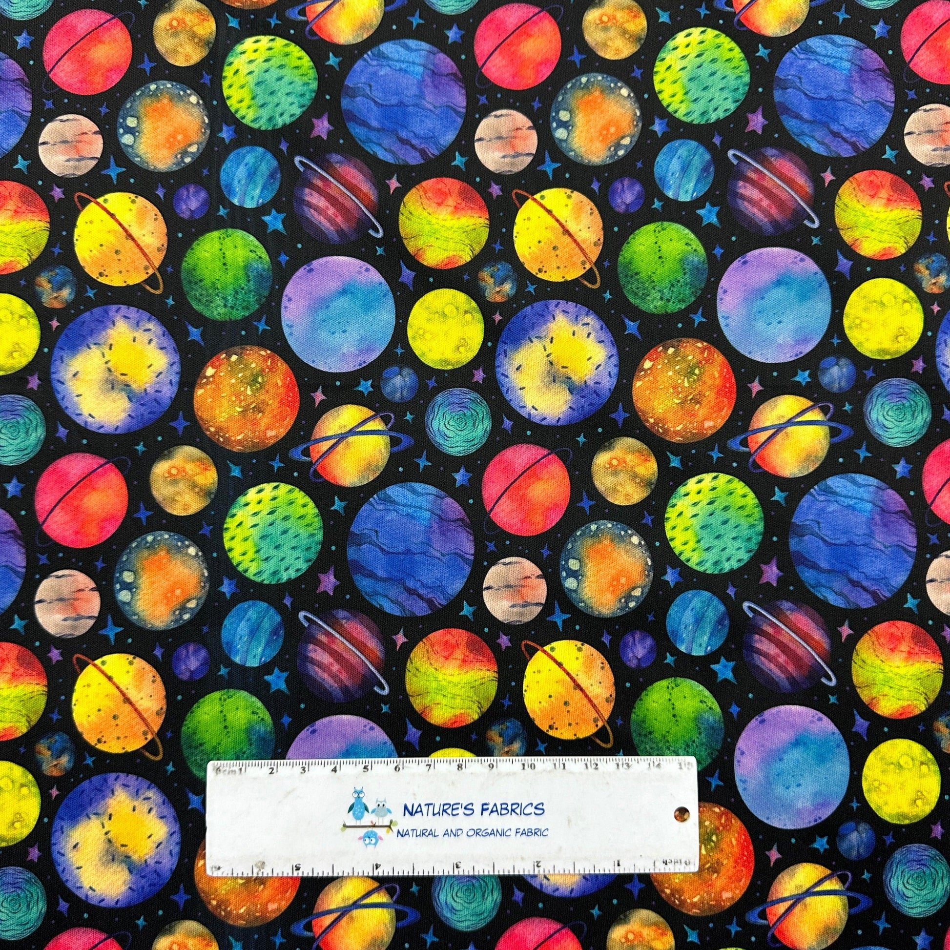 Rainbow Planets on Black 1 mil PUL Fabric - Made in the USA - Nature's Fabrics