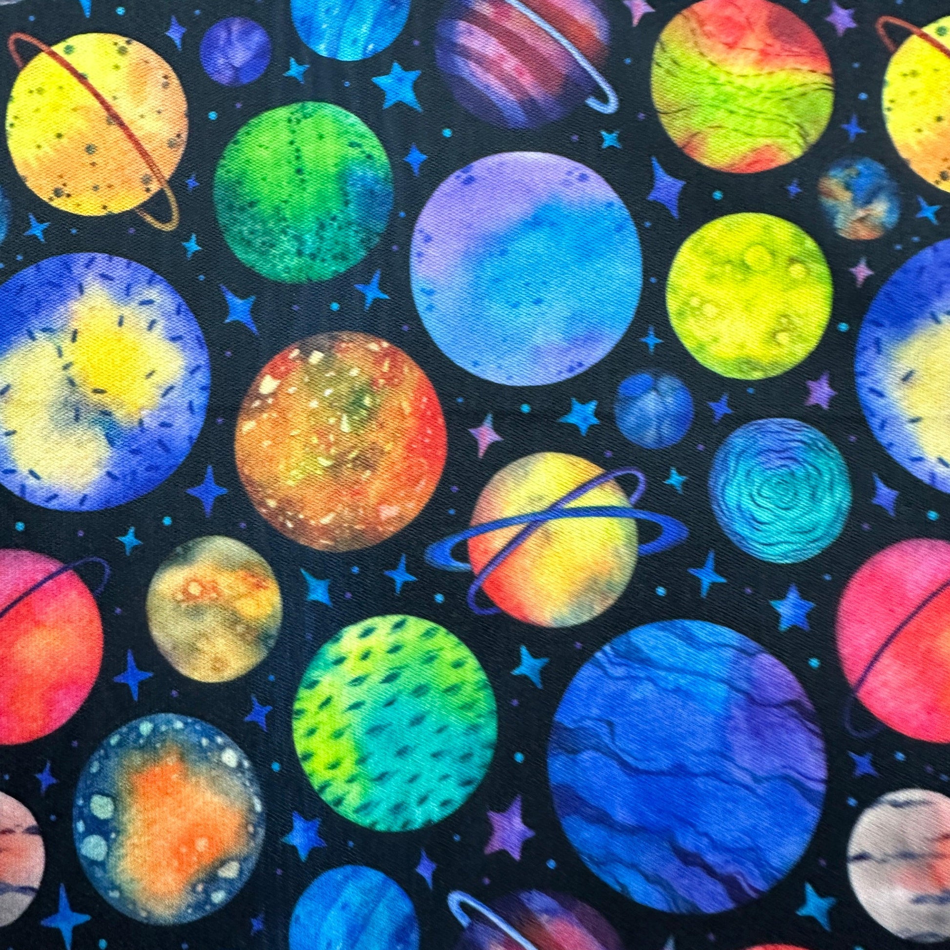 Rainbow Planets on Black 1 mil PUL Fabric - Made in the USA - Nature's Fabrics