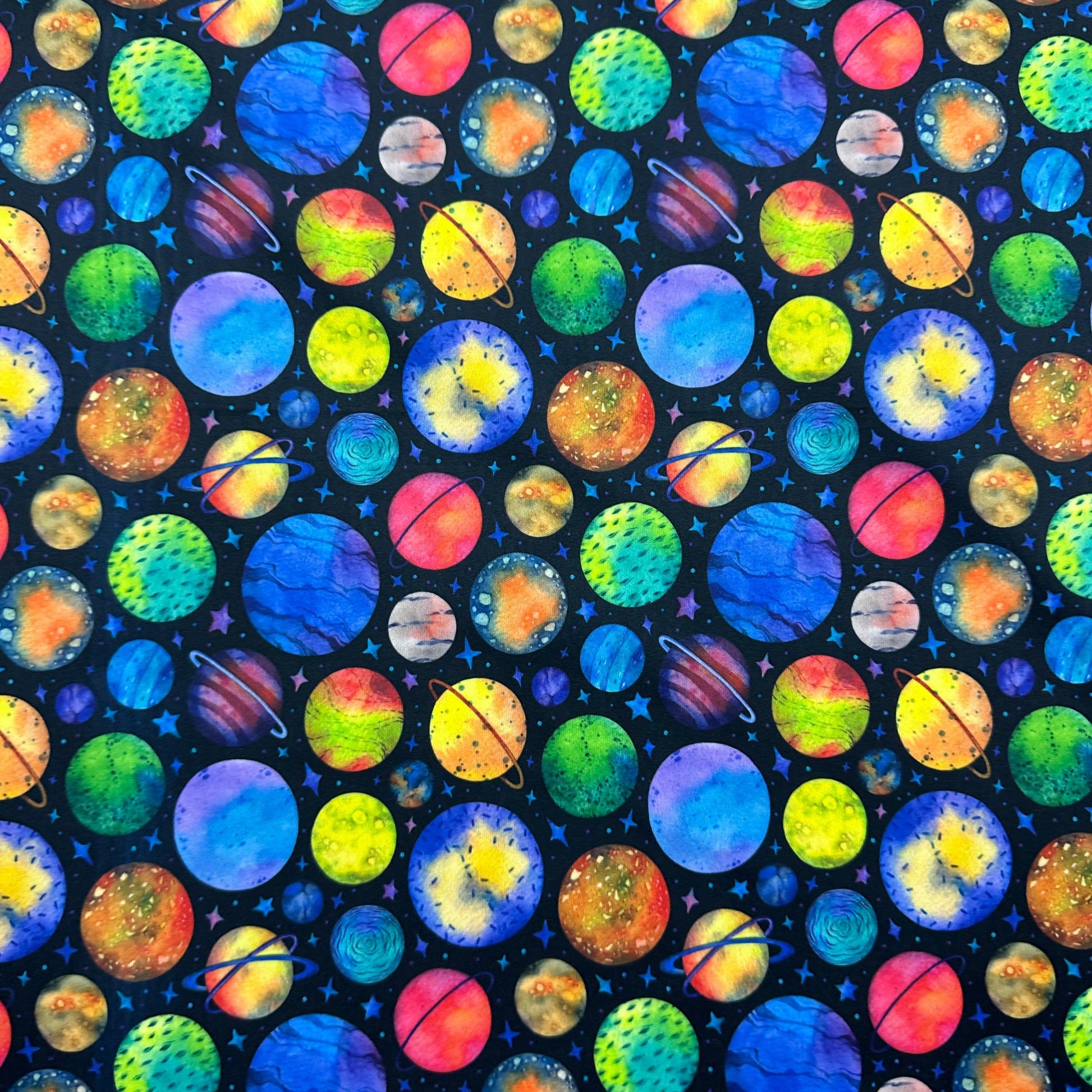 Rainbow Planets on Black 1 mil PUL Fabric - Made in the USA - Nature's Fabrics