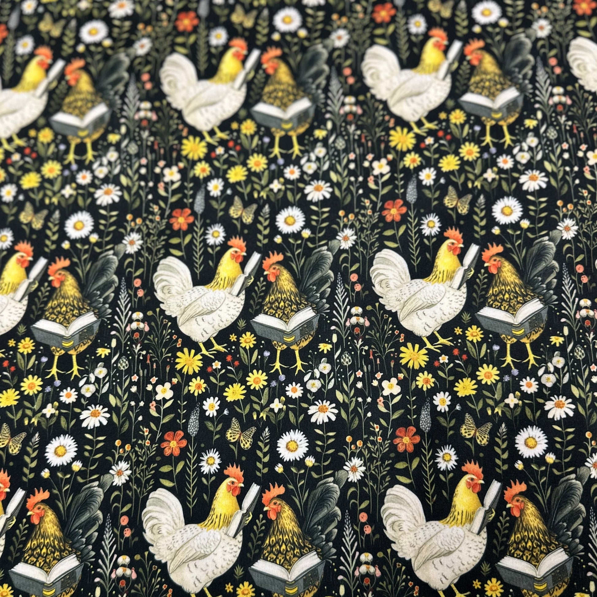 Reading Chickens on Black Floral 1 mil PUL Fabric - Made in the USA - Nature's Fabrics