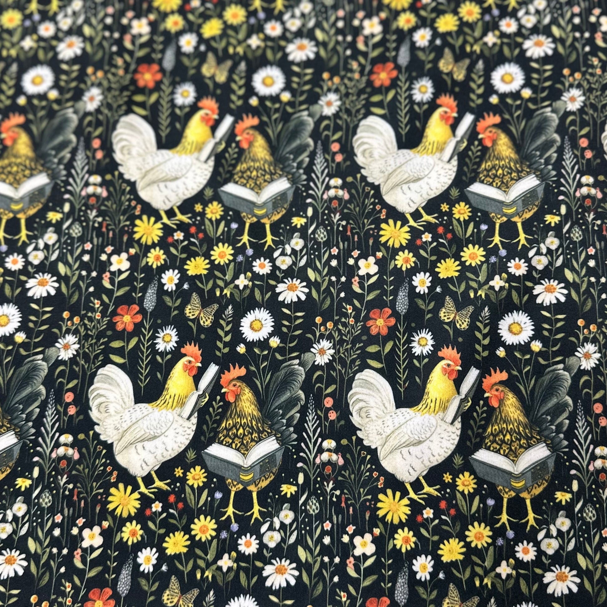 Reading Chickens on Black Floral 1 mil PUL Fabric - Made in the USA - Nature's Fabrics