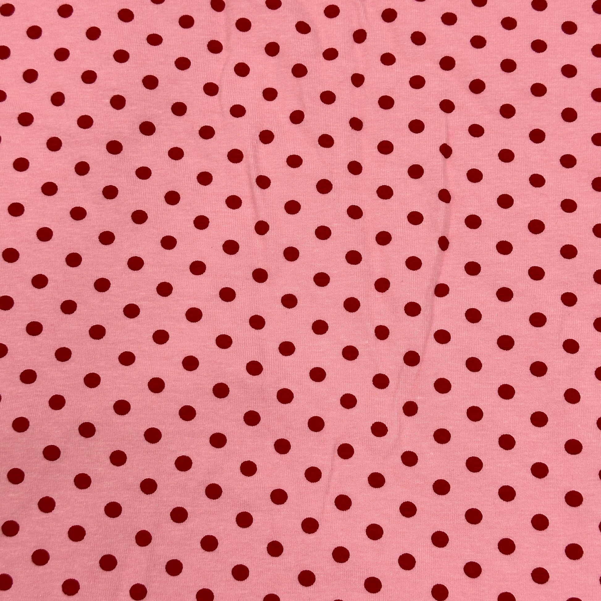 Red Dots on Pink Cotton/Spandex Jersey Fabric - Nature's Fabrics