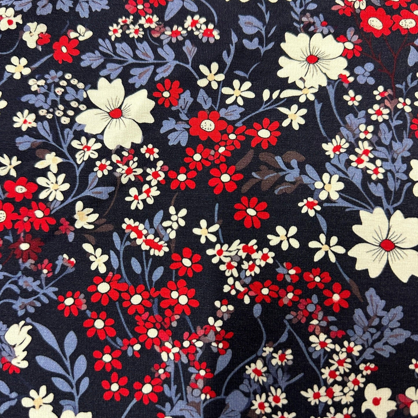 Red, White and Blue Floral on Bamboo/Spandex Jersey Fabric - Nature's Fabrics