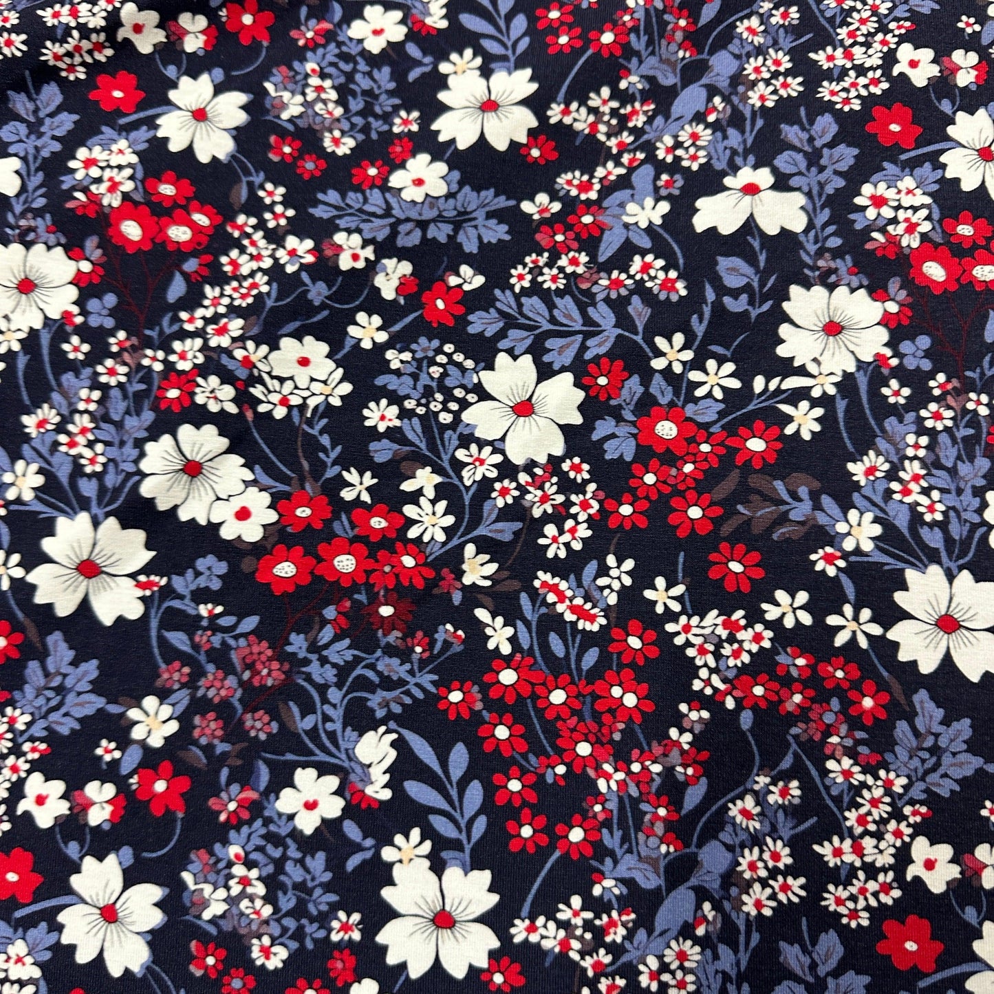 Red, White and Blue Floral on Bamboo/Spandex Jersey Fabric - Nature's Fabrics