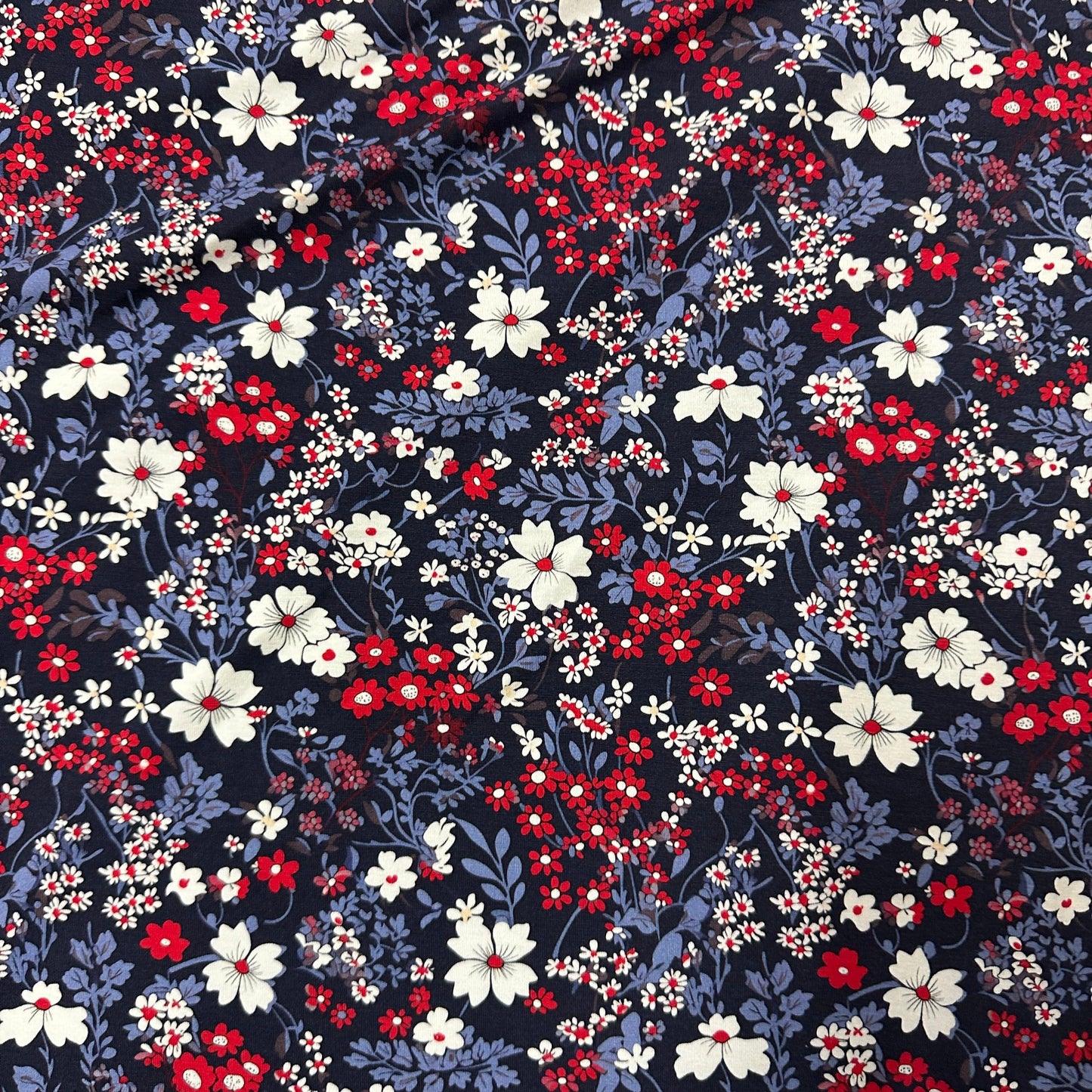 Red, White and Blue Floral on Bamboo/Spandex Jersey Fabric - Nature's Fabrics