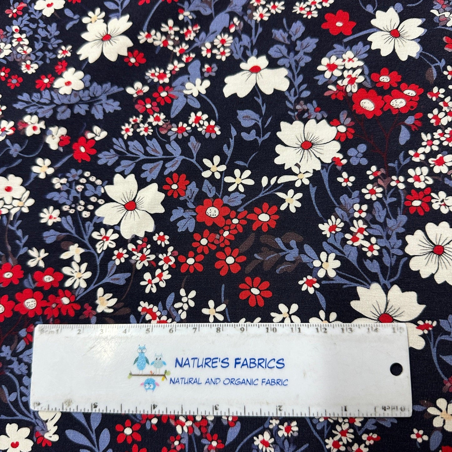 Red, White and Blue Floral on Bamboo/Spandex Jersey Fabric - Nature's Fabrics