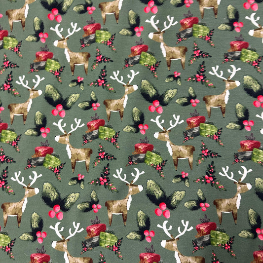 Reindeer Christmas on Green Bamboo/Spandex Jersey Fabric - Nature's Fabrics