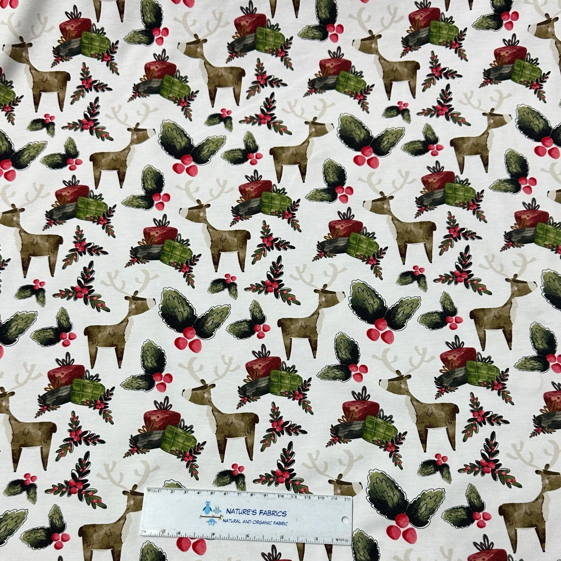 Reindeer Christmas on White Bamboo/Spandex Jersey Fabric - Nature's Fabrics