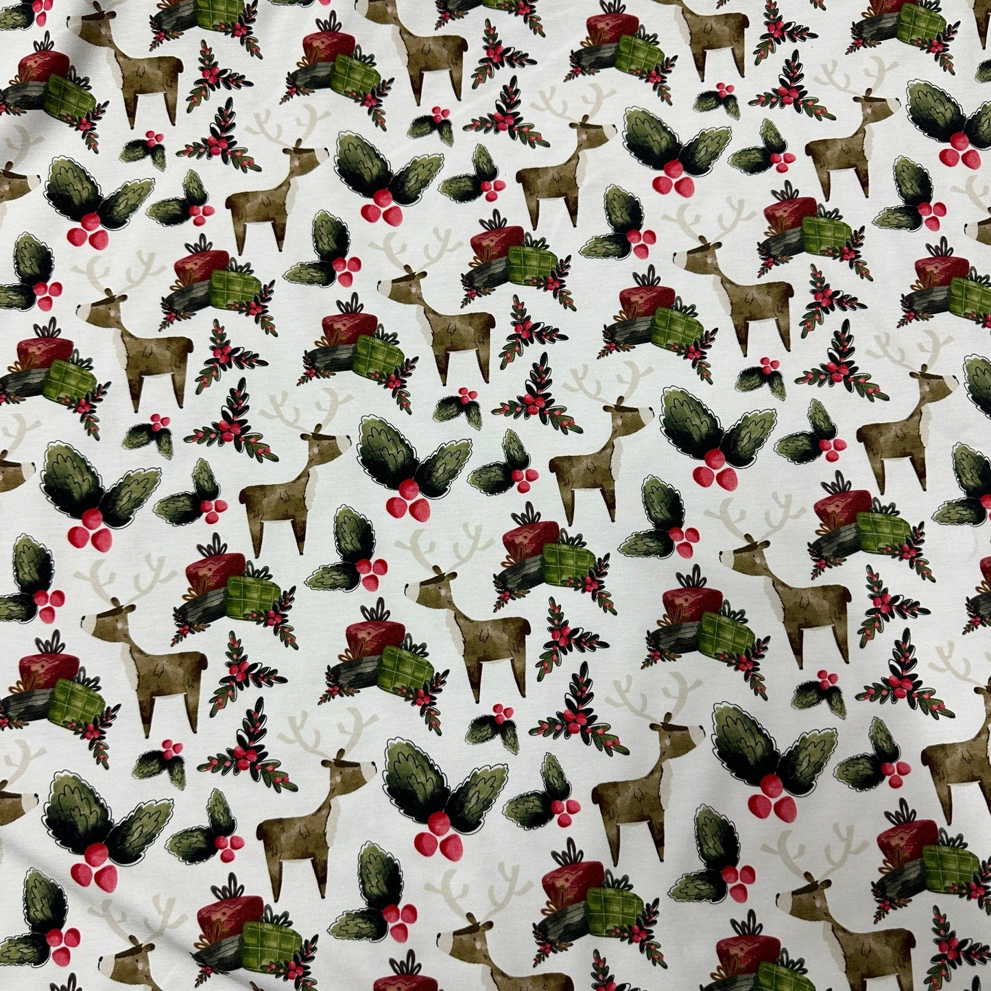 Reindeer Christmas on White Bamboo/Spandex Jersey Fabric - Nature's Fabrics