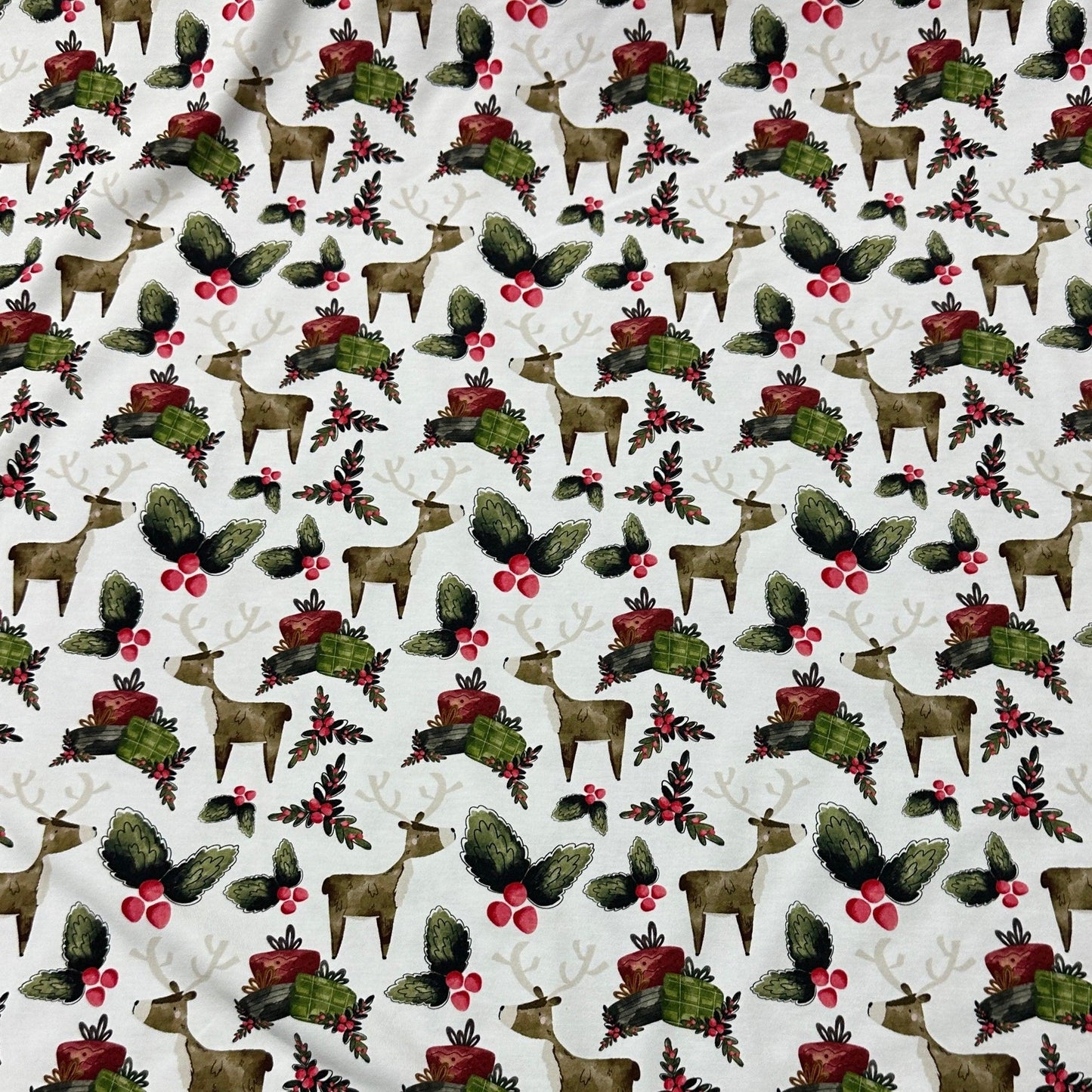 Reindeer Christmas on White Bamboo/Spandex Jersey Fabric - Nature's Fabrics